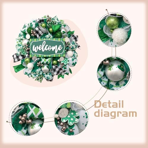 St. Patrick’s Day Front Door Decorations 20" Artificial Mesh Wreath Green Lucky Shamrock Clover Spring Summer Wreath with Welcome Board for Outdoor Indoor Farmhouse Wall Window Party Festival Decor - Image 2