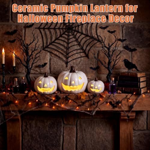 Set of 3 Halloween Decor Ceramic Pumpkins Lighted Jack O Lanterns - Image 4