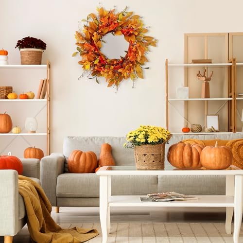 Betylifoy Fall Wreath for Front Door 22'' Artificial Autumn Pumpkin Wreaths - Image 4