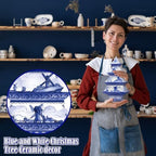 Soaoo 3 Pcs Blue and White Christmas Ceramic Figurines Decor, Xmas Tree - Image 4