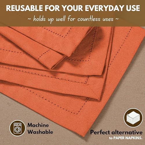 Native Fab Set of 12 Cloth Napkins Hemstitch Corners, 100% Cotton, 18x18 inch, Soft, Absorbent, Washable, Easy Care, Restaurant Hotel Quality - Wedding, Events, Lunch, Dinner Napkins - Orange - Image 4