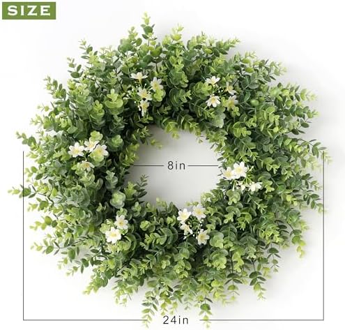 24" Large Eucalyptus Wreath for Front Door – All Season Artificial Greenery Wreath with White & Yellow Blossoms – Full Front Door Wreath for Porch, Farmhouse Entryway & Home Wall Decor - Image 4