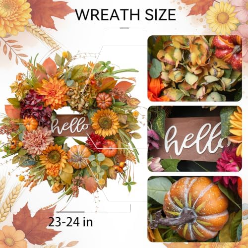 Fall Wreaths for Front Door 24 Inch Autumn Wreath with Sunflowers, Pumpkins - Image 3