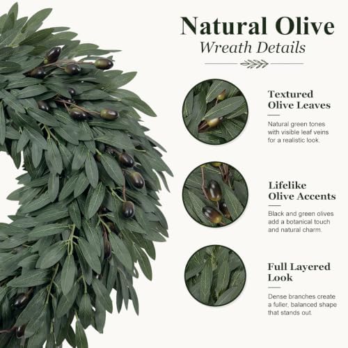 22 Inch Olive Wreath for Front Door, Spring Summer Wreaths for Front Door with Faux Grapevine Base, Artificial Greenery Wreath for Year Round Farmhouse Porch Wall Window Decor - Image 5