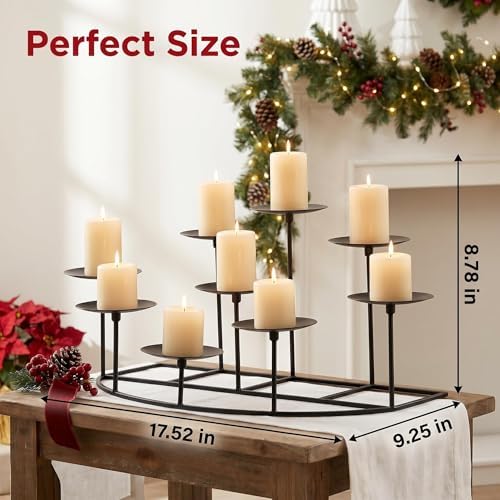 9-Tier Fireplace Candelabra Candle Holder, Modern Geometric Matte Black Metal Candle Stand with Stable Curved Base, 9 Pillar Candle Holder Centerpiece for Mantel, Table, Christmas, Wedding Decor - Image 6