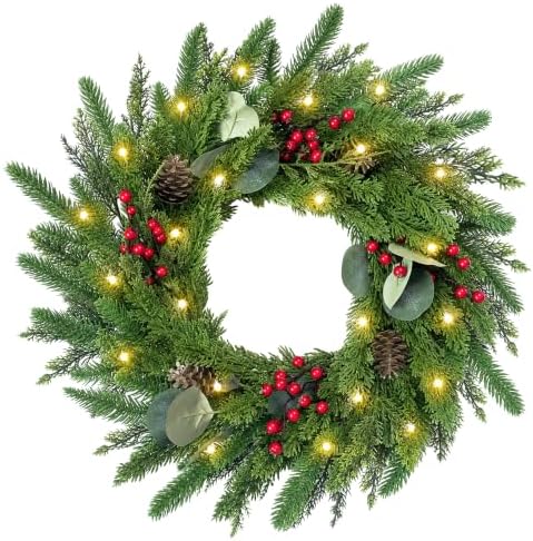 24 Inch Christmas Wreath for Front Door Artificial Wreath with Lights Red by ARGANOLDecoration