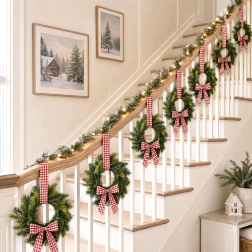 Thiccywoov 8 Pcs 9" Mini Christmas Wreaths for Cabinets with Plaid Bow - Image 5