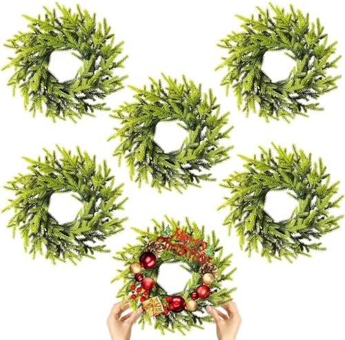 6 Pcs Christmas DIY Gree Wreath 10 Inch Green Artificial Wreaths DIY Faux Plain Wreaths Front Door Green Farmhouse Cabinets Wreath Indoor Outdoor Wall Decor(Pine Needle) by Gosodeny