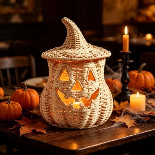 TREBIN 11'' Wicker Pumpkin Lantern Halloween Decor, Handwoven Rattan Halloween Candy Basket Jack O Lantern Candle Holder, Rustic Witch Hat Pumpkin Decoration for Tabletop Porch Mantel (Single-Beige) - Image 5