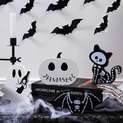 4PCS Halloween Decorations Indoor, Halloween Tiered Tray Decor Table Sign, Halloween Wooden Signs Ghost Bat Pumpkin Cat Blocks Signs, Table Decor Halloween Party Decorations for Mantle Home Shelf - Image 6