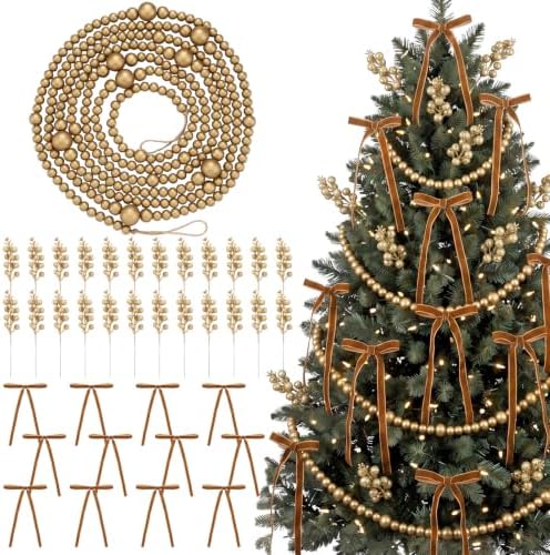 WinnerWhy 49 Pcs Christmas Garland Set, Wood Bead Holly Berry Velvet Bows by WinnerWhy