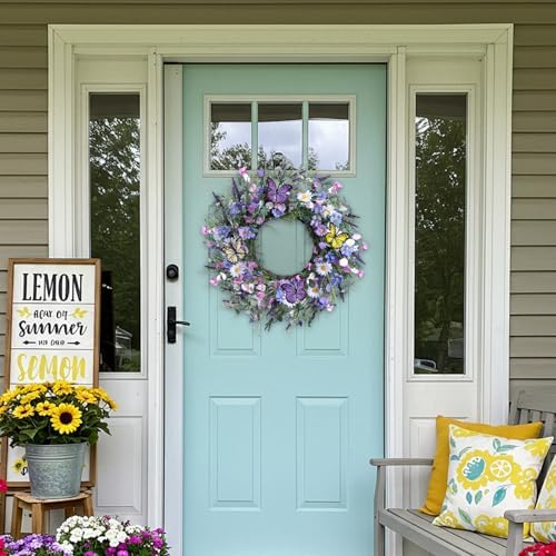 Wildflower Spring Wreaths for Front Door 24 Inch, Blue Summer Door Wreath - Image 2
