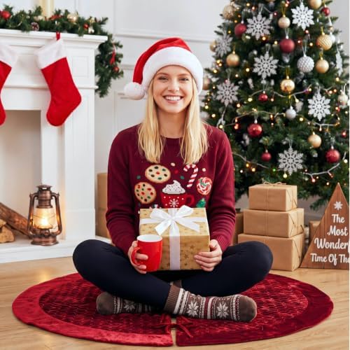 Arrowbash 48 Inch Velvet Christmas Tree Skirt Quilted Tree Skirt, Red - Image 5