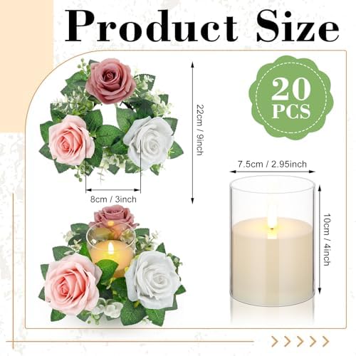 Yunlly 20 Pcs Rose Candle Rings with Candles Sets, Pink, White - Image 2