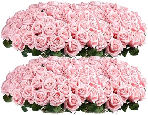 Auihiay 104PCS Pink Roses, Realistic Silk Velvet Pink Artificial Flowers by Auihiay
