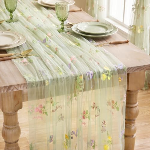 QueenDream Sage Green Wildflower Floral Table Runner 3 Pcs 10FT Gauze Embroidery Table Runners for Home Wedding Baby Shower Birthday Party Decorations by QueenDream