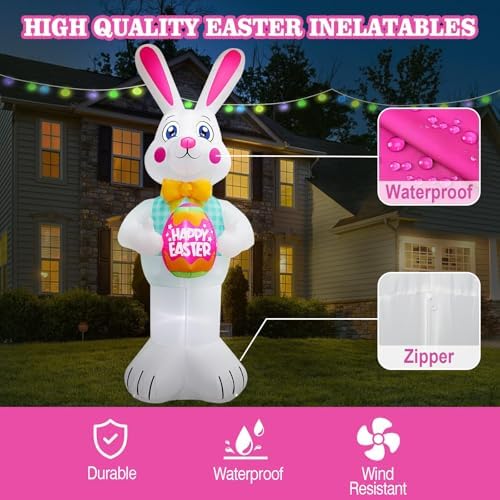 10FT Easter Inflatables Bunny Holding Easter Egg Decoration, Easter Blow up Yard Decoration White Rabbit Inflatable Built-in 3 LED for Easter Party Holiday Indoor Outdoor Yard Garden Decor - Image 3