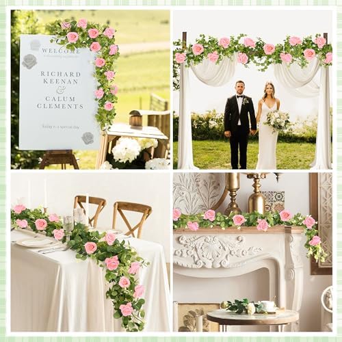 1 Pack Artificial Garland Eucalyptus Vine with 12 Roses for Home Decor Wedding Table Runner Centerpiece DIY Wreath Decor (Pink) - Image 4