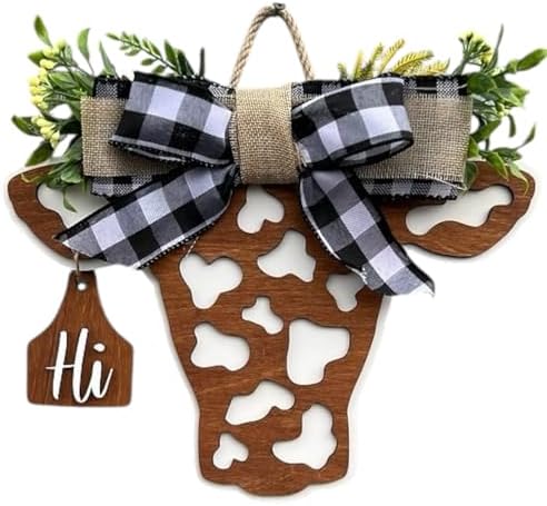 Wood front door sign Wood sign Home decor Welcome sign Sign for front door House warming gift Wedding gift (Cow Head-DS072(NC) No Round, 15" Width) by Unknown