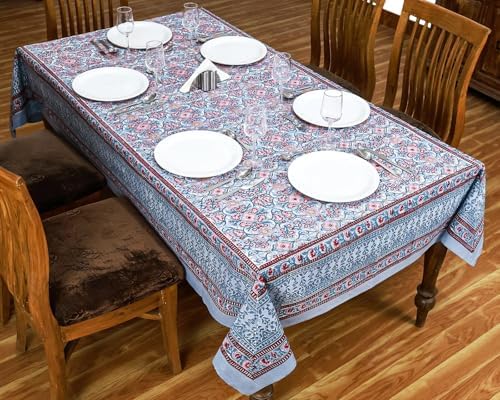 72x118 Inches Rectangle Hand Block Printed Cotton Tablecloth, Red Grey Floral Table Cloths Washable, Indian Table Linen for Halloween Christmas Outdoor Thanksgiving Gifts Home Decor Dinning Outdoor - Image 3