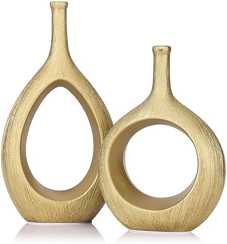 LCCCK Matte Gold Ceramic Vase Set of 2 - Ribbed Hollow Aesthetic Decorative Vase, Modern Farmhouse Table Centerpiece, Boho Gold Vases for Flower Decor and Home Living by LCCCK