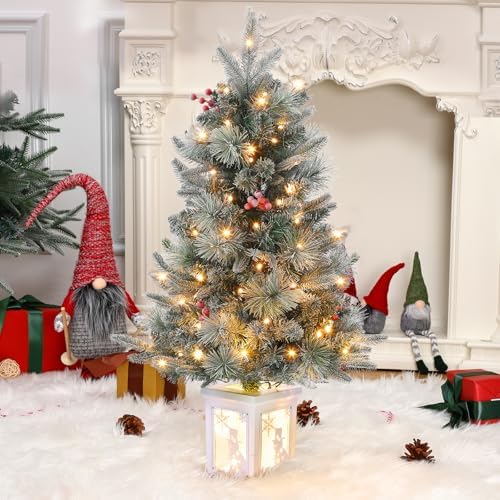 GAOMON 3ft Prelit Snow Flocked Christmas Tree with White Snowman Box Base - Image 2