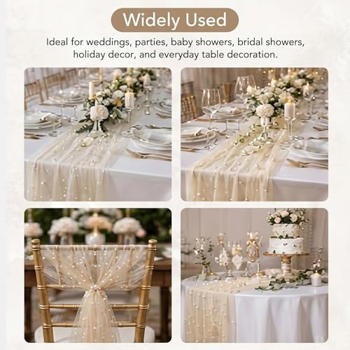 Beige 10 Pcs Pearl Gauze Table Runner 120 Inch 10ft Pearl Sheer Tulle Table Cloth Centerpieces for Home Wedding Birthday Bridal Baby Shower Party Favor Holiday Dining Decorations - Image 4
