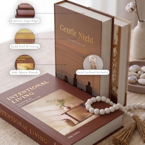 Decorative Books for Coffee Table – Set of 3 Faux/Fake Book Storage Boxes for Home Decor, Neutral Minimalist Book Decor for Aesthetic Bookshelf, Entryway & Mantle, Beige Accents with Wood Bead Garland - Image 3