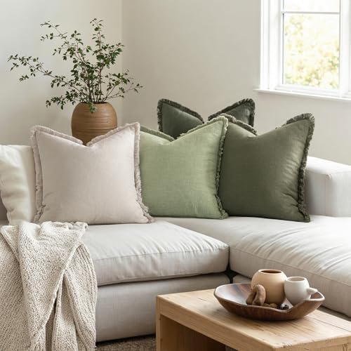 MIULEE Fall Linen Fringe Pillow Covers Set of 4 18x18 Beige/Sage Green - Image 4
