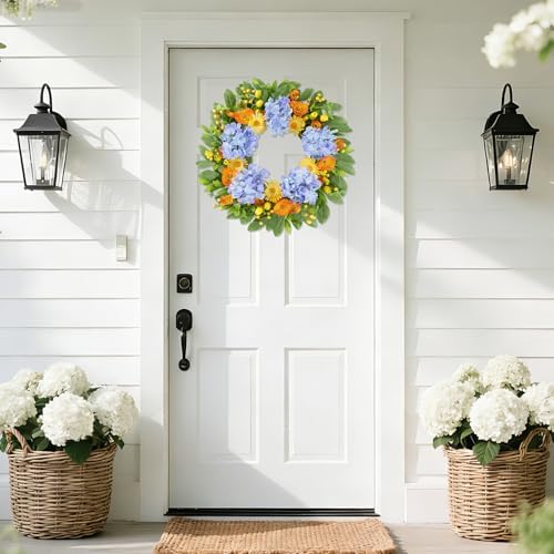 U'Artlines 22 Inch Spring Summer Wreaths for Front Door, Artificial Hydrangea Wreath with Green Leaves Berries, Large Silk Floral Wreath for All Seasons Window Wall Wedding Decor - Image 3