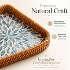 Handwoven Rattan Tray Set of 3 with Mother of Pearl Blue Floral Inlay - Image 3