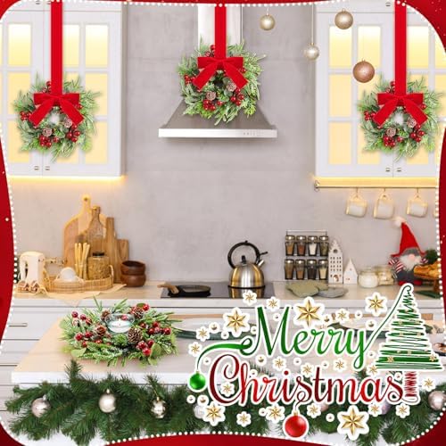 Dingion 18 Pcs Mini Christmas Kitchen Cabinet Wreath, Pine Berries Snowy - Image 4