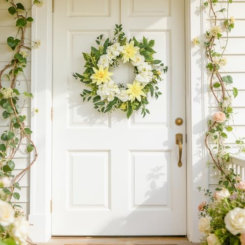22 Inch Summer Wreaths for Front Door, Spring Summer Floral Wreath - Yellow Dahlia and White Hydrangea, Spring Door Wreath for Front Door, Porch, Outdoor, Indoor, Window, Farmhouse Decor - Image 2