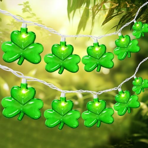 20 LED Clear Green Shamrock String Lights, 12FT St Patricks Day Lights String Outdoor Waterproof with 20 LED Light for Rish Shamrock St Patrick's Day Party Indoor Home Window Porch Garden Decorations by PASUTO