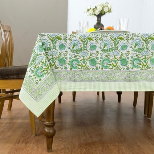 Home Spun & Crafts 48x102 Inches Rectangle Hand Block Print Tablecloth, 100% Cotton, Green Floral Table Cloths Washable, Traditional Indian for Dining Outdoor Thanksgiving Halloween Christmas - Image 2
