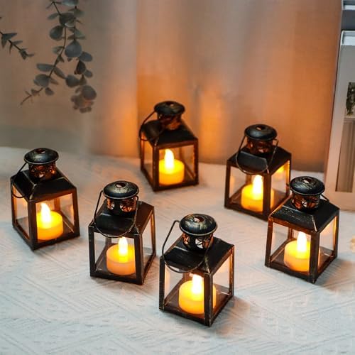 TRIROCKS 6 Pcs Small Metal Candle Lanterns Vintage Hanging House Tealight Lantern Decorative Candle Tea Light Holders for Table Valentine Patio Indoor Outdoor Gifts(Black with Gold Brush) by TRIROCKS