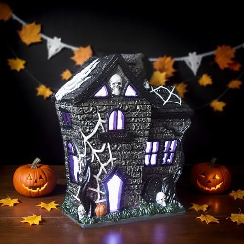 Sheaifun Halloween Village Houses Haunted House Figurine Indoor Resin Colorful Lights Spooky Halloween Houses Table Decor Scary Gothic Party Decorations and Mantel Decor 8x4.25x9.5 Inch - Image 3
