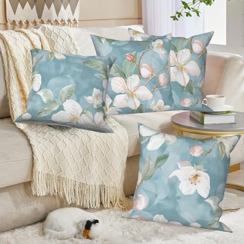 White Floral Throw Pillow Cases 22"x22" Set of 4, Blooming Flowers Couch Pillow Covers Spring Decorative Cushion Covers for Sofa Chair Bed Living Room Garden Farmhouse Car Indoor Outdoor - Image 4