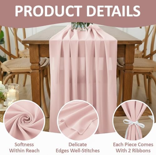 MDS Pack of 20 | Dusty Pink | 10ft Chiffon Table Runner 29x120 Inches Long Romantic Rustic Sheer Gauze Runner for Wedding Bridal Shower Birthday Banquets Engagement Spring Easter Boho Decorations - Image 5