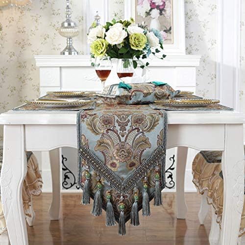 vctops Vintage Luxury Jacquard Damask Floral Table Runners Tea Table Decoration with Multi-Tassels 13"x106" Blue by vctops