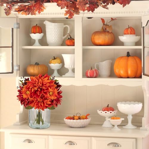 Briful Fake Fall Flowers with Vase, Artificial Dahlia & Mum Silk Floral Arrangement with Glass Vase Faux Autumn Flowers Bouquet for Home Office Room Coffee Table Centerpiece Wedding Decoration - Image 5