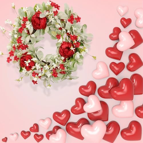 20 Inch Red Peony Wreath for Front Door, Romantic Lambs Ear Greenery with White Flowers, Elegant Wedding Decor, Spring Summer Artificial Floral Wall Accent - Image 6
