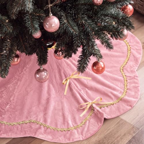Arrowbash Pink 48 Inch Christmas Tree Skirt Velvet Scallop Ddge by Arrowbash