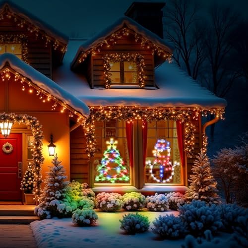 Christmas Window Silhouette LED Lights Decorations, Pack of 2 Sign Lighted Snow Man and Christmas Tree for Holiday Indoor Wall Door Glass Decor - Image 7