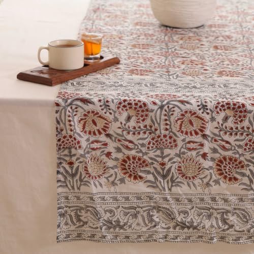 Hand Block Printed Cotton Table Runner, Boho Floral Tabletop Decor, Machine Washable Cotton Runner for Kitchen Tables and Casual Dining Spaces, 16x60 Inches - Red & Grey - Image 4