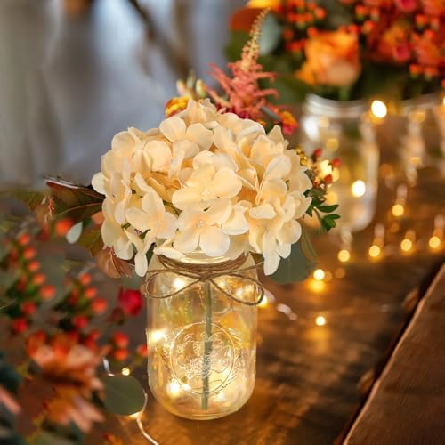 Set of 3 Mason Jar Lights, Champagne Hydrangea Holiday Table Decor - Image 3