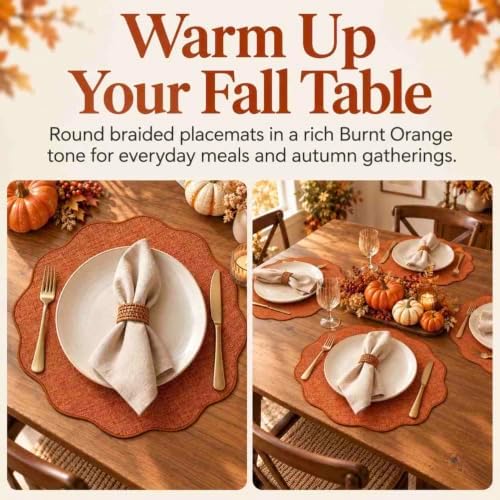 AHHFSMEI Round Faux Linen Placemats Set of 8 Heat Resistant Non-Slip Stain Proof Table Mats for Kitchen Dining Elegant Decor Place Mats (Burnt Orange,8) - Image 3