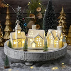 White Christmas Village Houses, Glazed Ceramic Houses with Xmas Trees Set - Image 4
