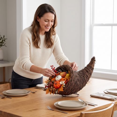 Dandat Smilax Glabra Fall Cornucopia Basket 13.78'' Thanksgiving Cornucopia Horn of Plenty for Fall Autumn Harvest Table Decoration and Thanksgiving Table Centerpiece Party Decorations - Image 3