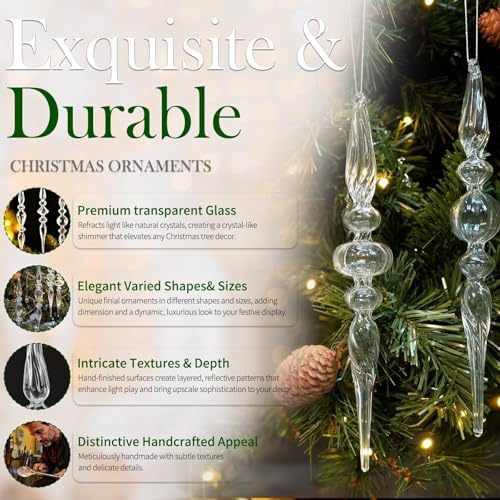Clear Glass Finial Christmas Ornaments,10-Inch Hanging Decor for Tree, 6-Pc - Image 4
